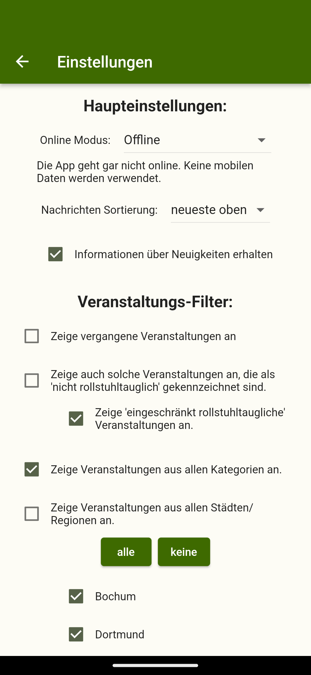 Anfang der Einstellungen