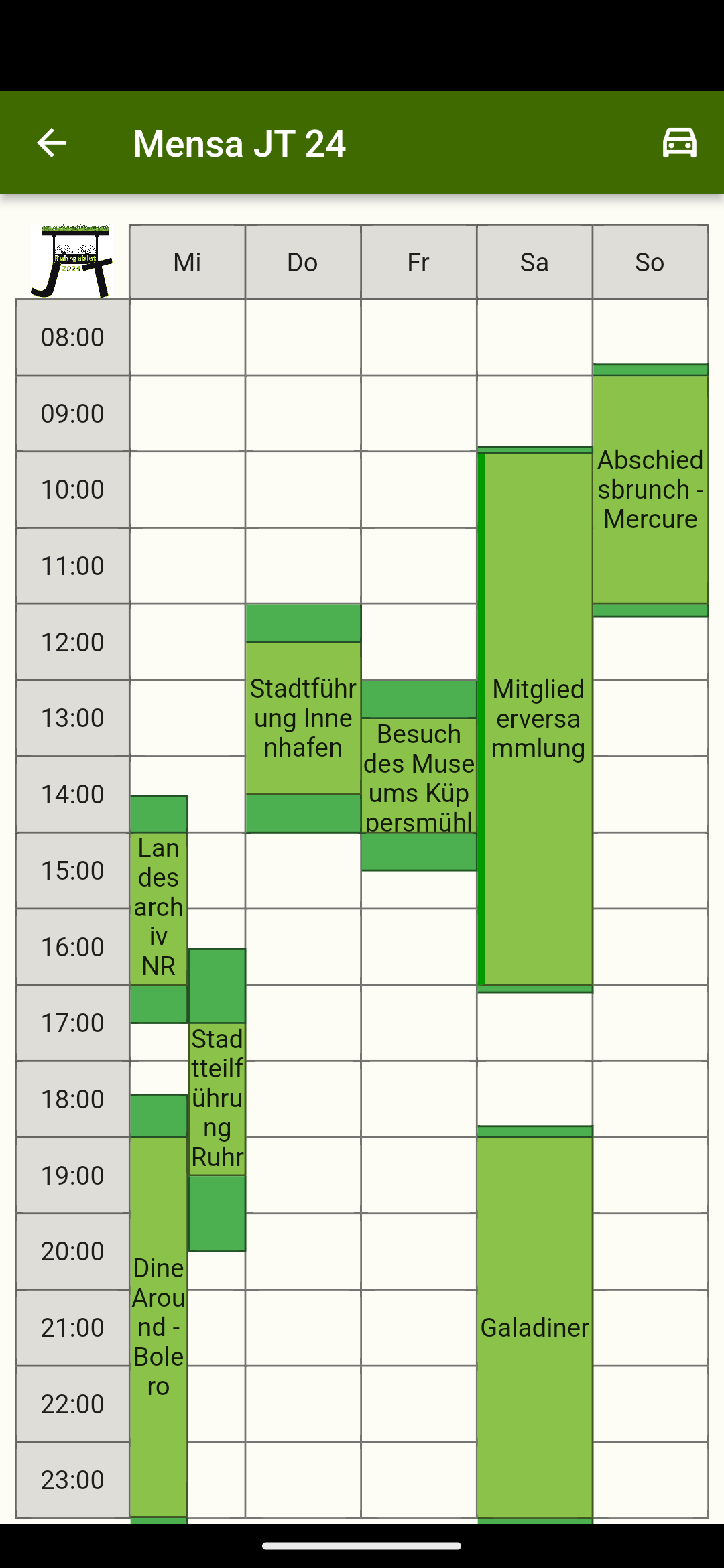 Kalendarische Übersicht mit Fahrzeiten